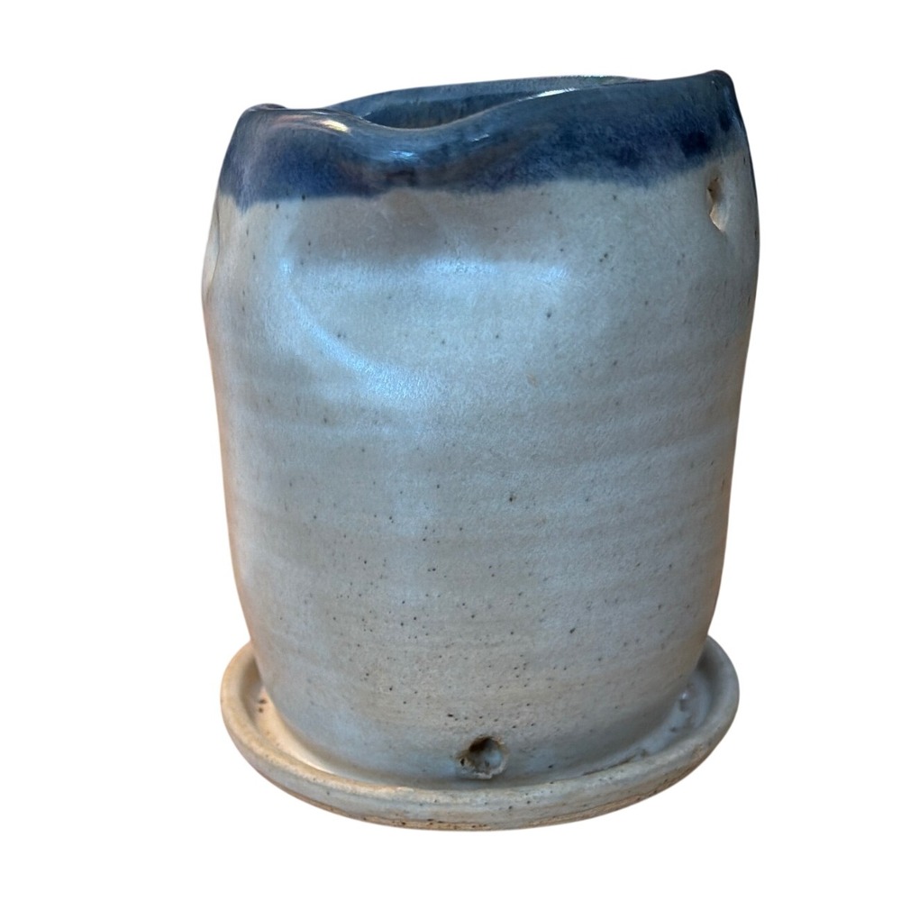 Studio Pottery Planter With Blue Cobalt Drip Design Unique Artist Signed - Picture 3 of 7